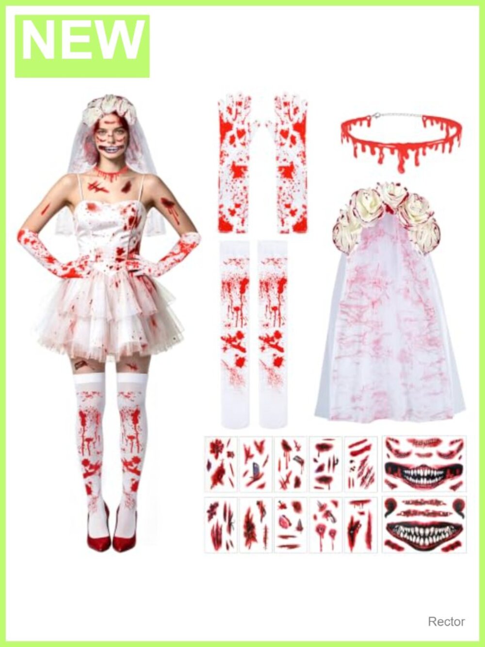 Zombie Bride Halloween Costume Set Veil Socks Gloves Choker Tattoos